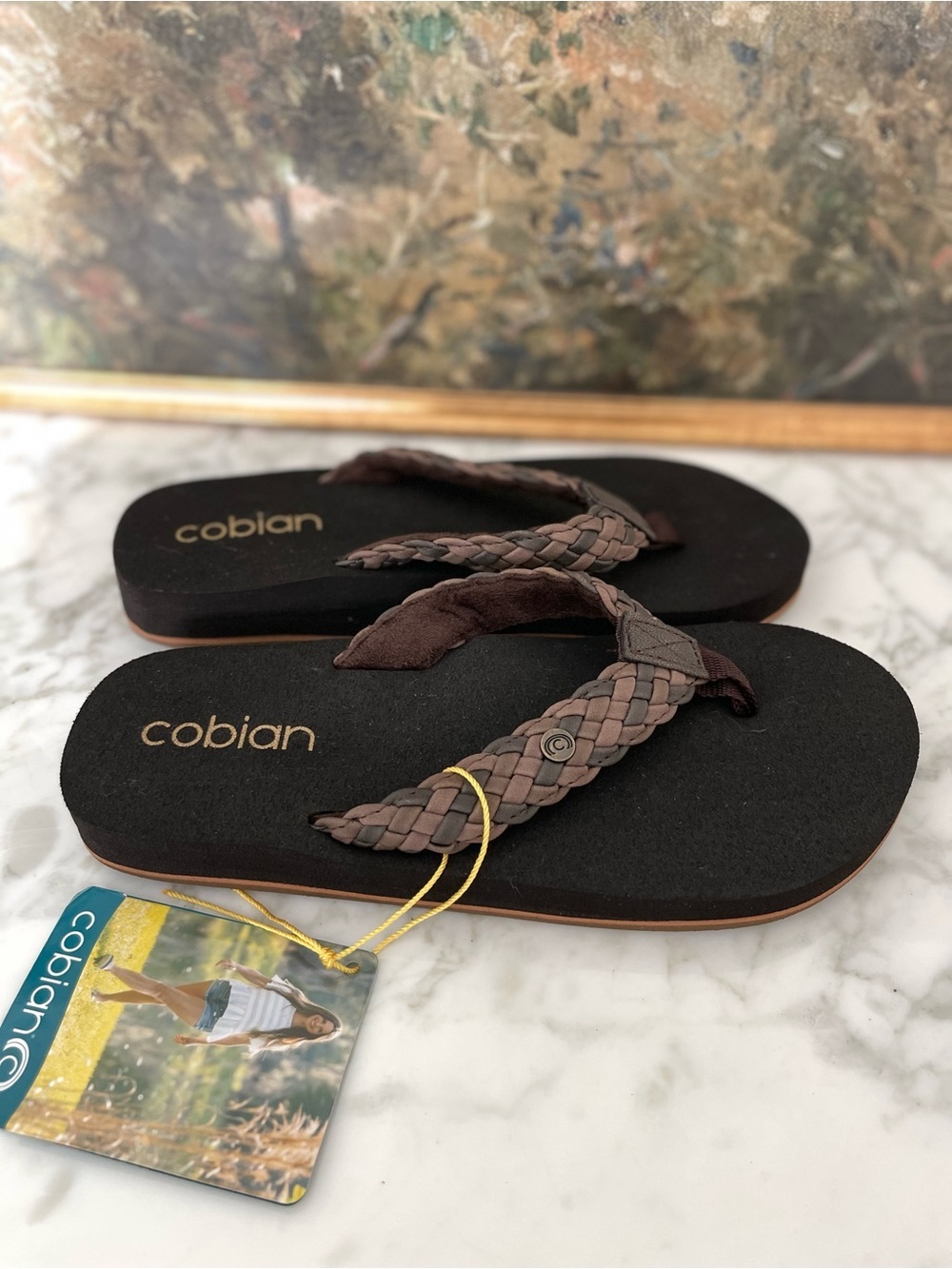 Cobian Leather Braided Bounce Chocolate Flip Flop size 7 Sandals Brown - Picture 3 of 7